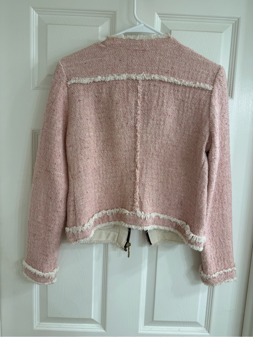 Zara Basic Light Pink Tweed Fringed Jacket-Sz M - Picture 2 of 2